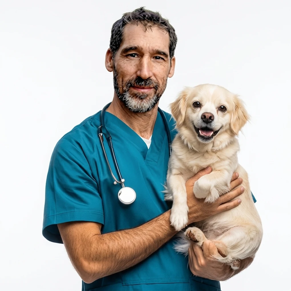 Sergio, médico veterinario de Life Vet 24hs, con un perro en brazos
