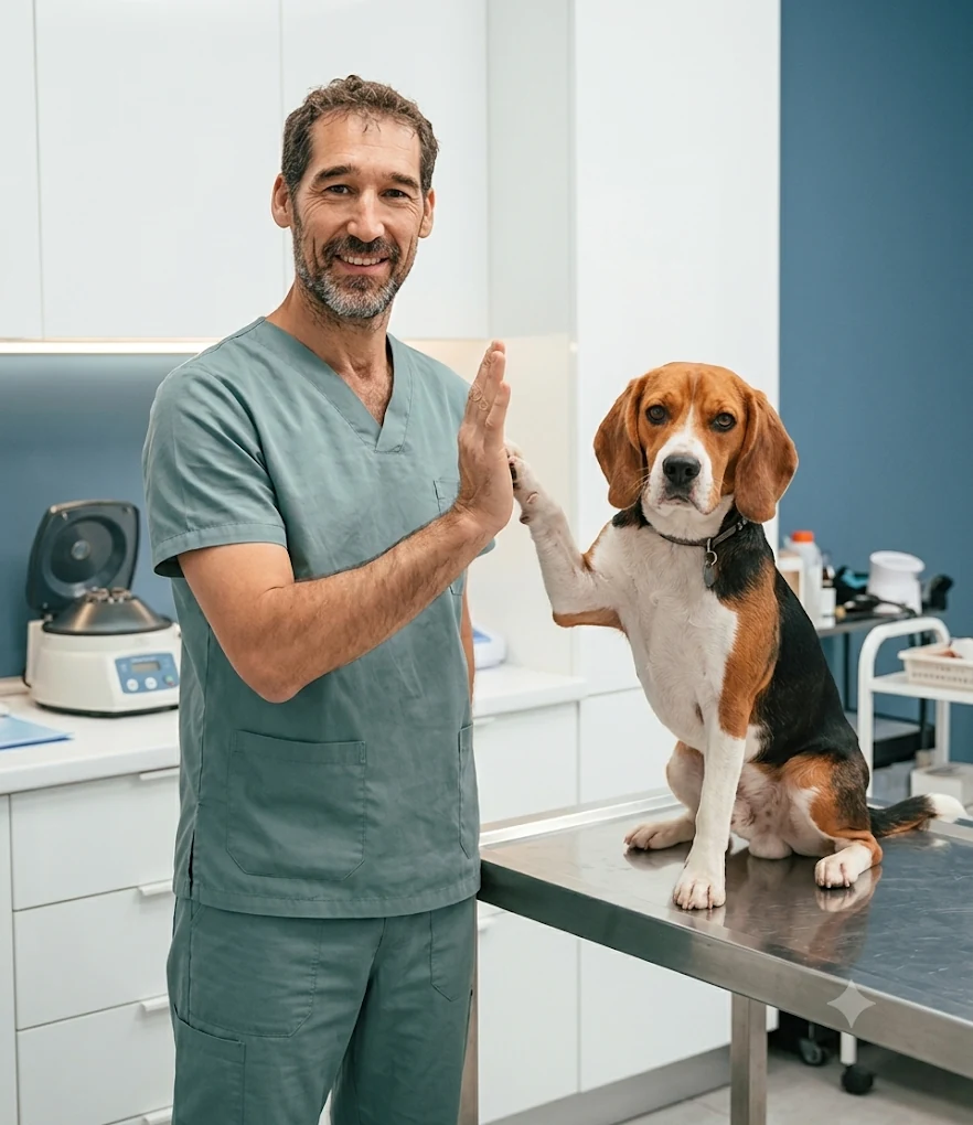 Sergio, médico veterinario, junto a un perro